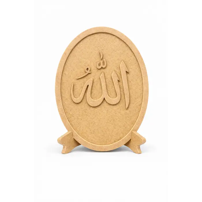 Elif Vav & Allah Yazılı Hat Masa Üstü Dekor Obje Standlı Oval MDF Tasarım