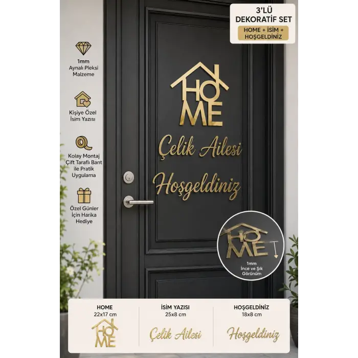 Kişiye Özel Gold ve Gümüş Aynalı Pleksi Kapı Süsü - İsimli HOME ve Hoşgeldiniz Yazılı 3lü Duvar Dekoru Seti