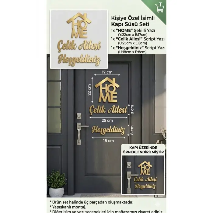 Kişiye Özel Gold ve Gümüş Aynalı Pleksi Kapı Süsü - İsimli HOME ve Hoşgeldiniz Yazılı 3lü Duvar Dekoru Seti