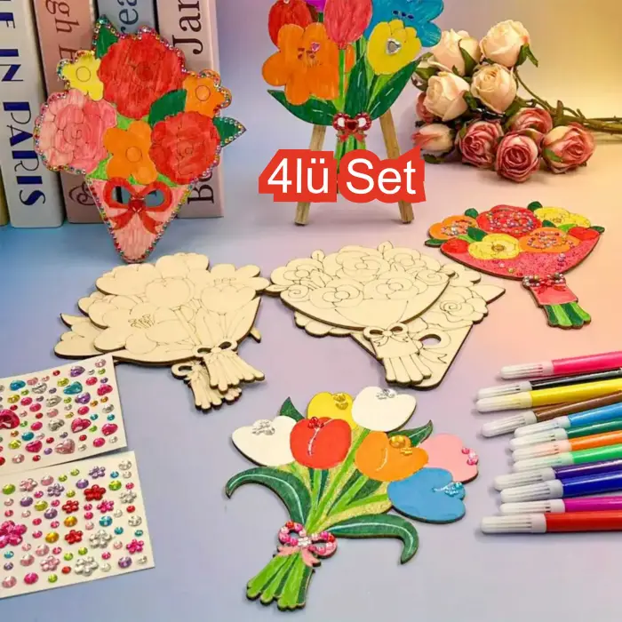 Lale Buketleri 4lü Set Ahşap Boyama Oyuncak Aktivite Etkinlik Sanat