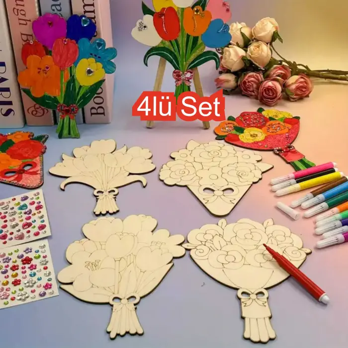 Lale Buketleri 4lü Set Ahşap Boyama Oyuncak Aktivite Etkinlik Sanat
