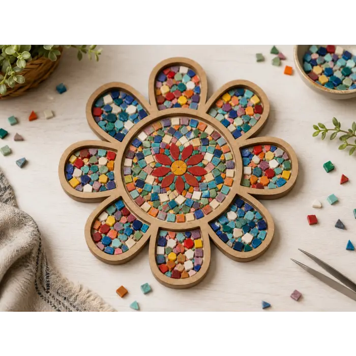 Papatya Şeklinde Boyanabilir Ham MDF Tepsi 18x18 cm – Mozaik Etkinliği ve Kahve Sunumluğu