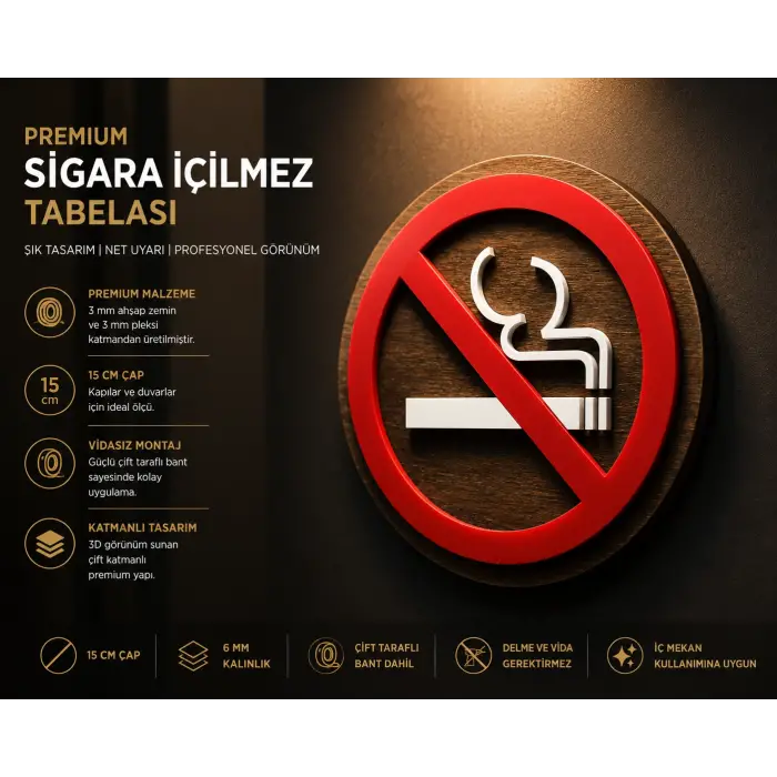 Premium Ahşap Pleksi Sigara İçilmez Tabelası 15 cm | Vidasız Montajlı Dekoratif Levha