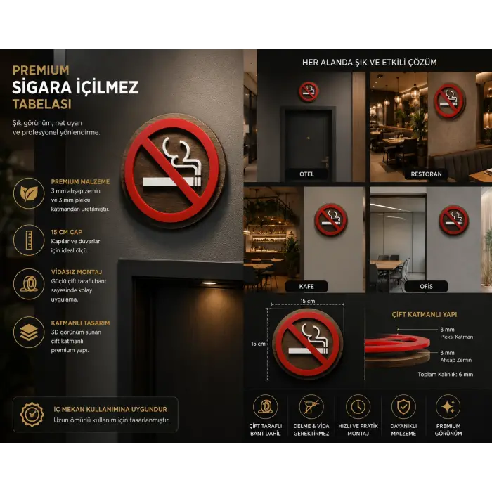 Premium Ahşap Pleksi Sigara İçilmez Tabelası 15 cm | Vidasız Montajlı Dekoratif Levha