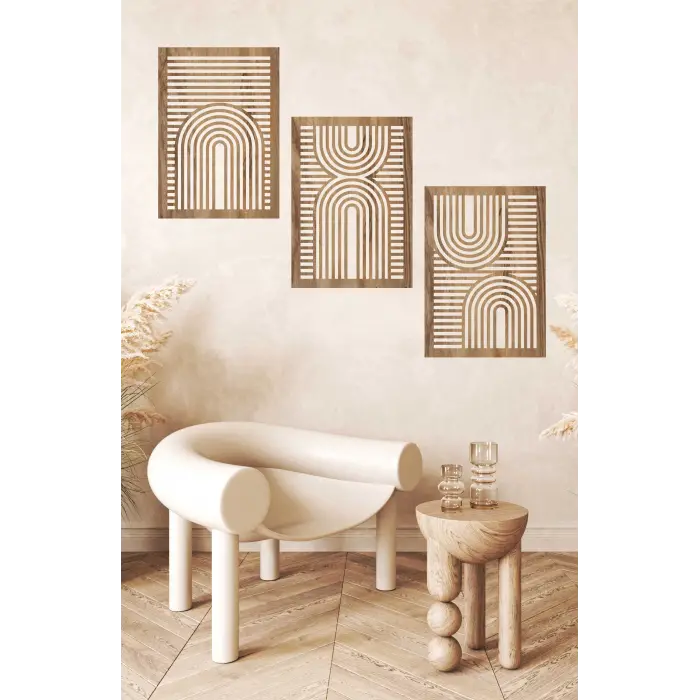 Rustik Boho Tarzı 3lü Ahşap Duvar Dekoru, Modern Ahşap Sanatı, Soyut Ahşap Bohem Ev Dekorasyonu