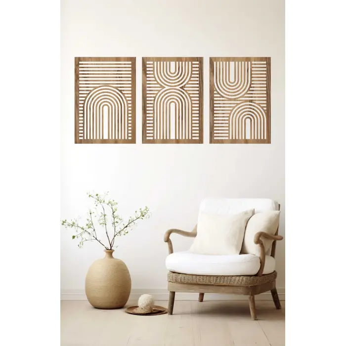 Rustik Boho Tarzı 3lü Ahşap Duvar Dekoru, Modern Ahşap Sanatı, Soyut Ahşap Bohem Ev Dekorasyonu