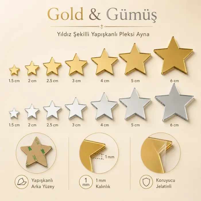 Yıldız Kendinden Yapışkanlı Pleksi Mozaik Ayna – Gold ve Gümüş, 1,5–6 cm