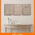 3 Adet Rustik Boho Ahşap Duvar Sanatı - Geometrik Dağ ve Güneş Heykelleri, 3lü Set