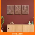 3 Adet Rustik Boho Ahşap Duvar Sanatı - Geometrik Dağ ve Güneş Heykelleri, 3lü Set