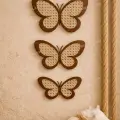Hasır Örgü Hazeran & Rattan Detaylı 3lü Kelebek Duvar Süsü Ahşap Bohem Temalı Dekor