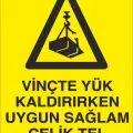 Vinçte Yük Kaldırırken Uygun Sağlam Çelik Tel Kullanınız İş Güvenliği Uyarı Levhası