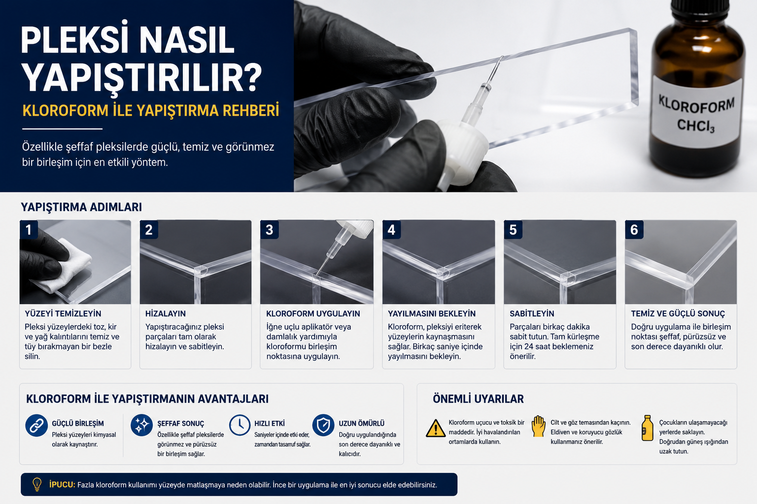 Şeffaf pleksi parçaların kloroform kullanılarak hazırlanması, hizalanması, birleştirilmesi ve sabitlenmesini gösteren uygulama rehberi.