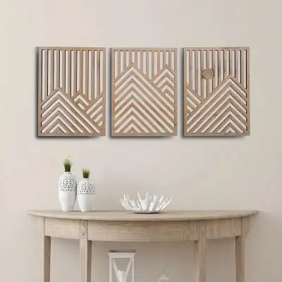 3 Adet Rustik Boho Ahşap Duvar Sanatı - Geometrik Dağ ve Güneş Heykelleri, 3lü Set