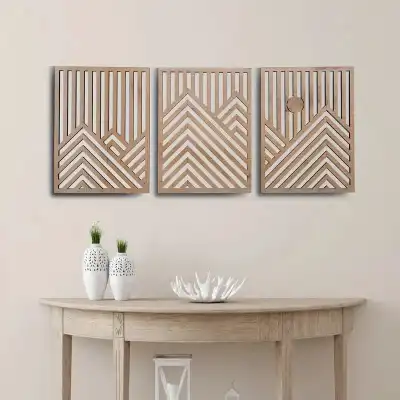 3 Adet Rustik Boho Ahşap Duvar Sanatı - Geometrik Dağ ve Güneş Heykelleri, 3lü Set