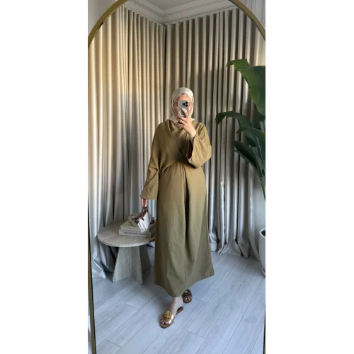 NATURAL KETEN BAĞLAMALI ELBİSE YAĞ YEŞİLİ
