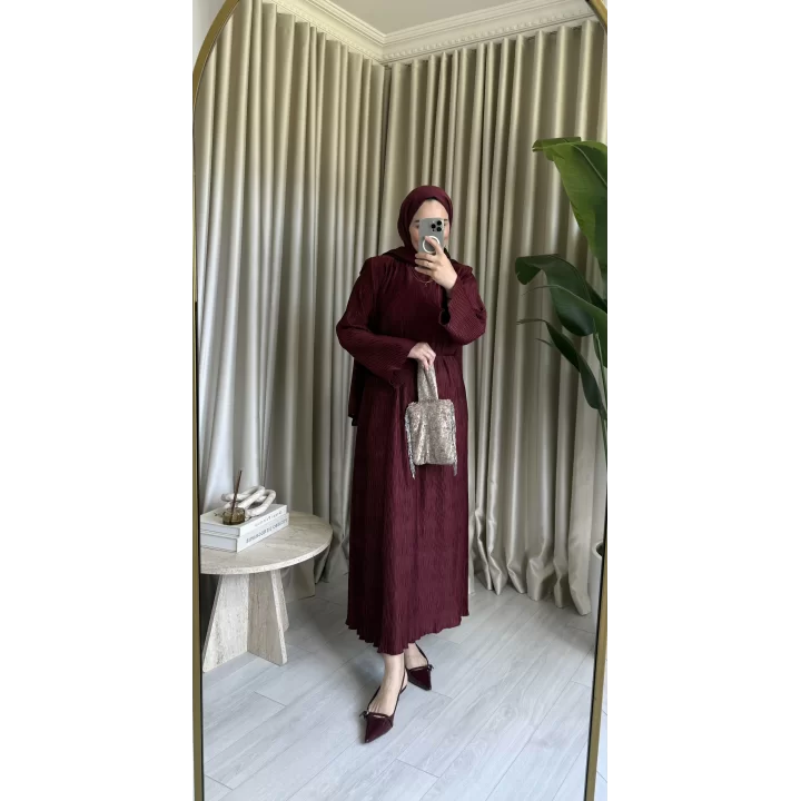 ALLER DETAYLI DOKULU SATEN ELBİSE BORDO