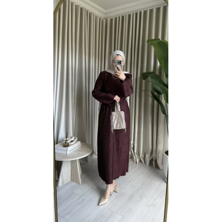 ALLER DETAYLI DOKULU SATEN ELBİSE KAHVE