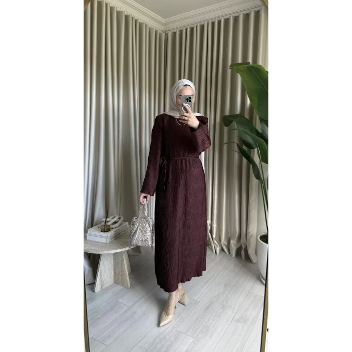 ALLER DETAYLI DOKULU SATEN ELBİSE KAHVE