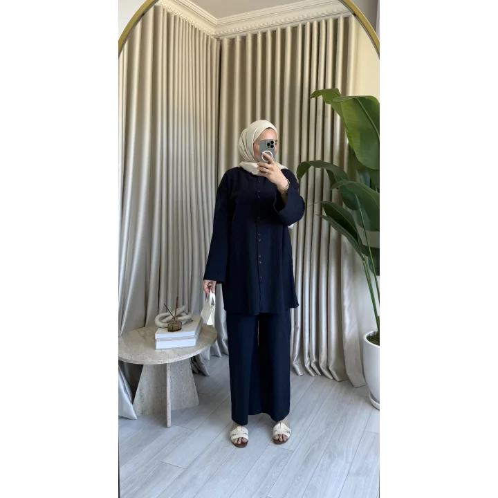 ÇİFT DÜĞME DETAYLI KETEN TAKIM LACİVERT