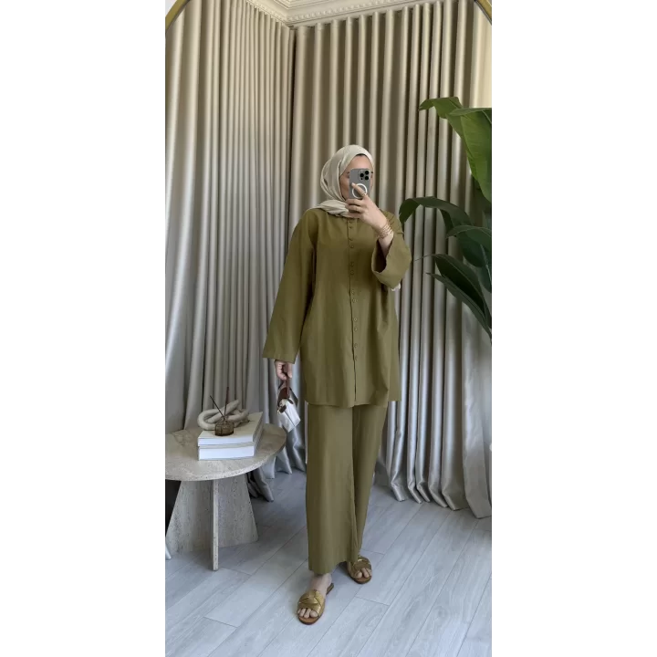 ÇİFT DÜĞME DETAYLI KETEN TAKIM OLİVE