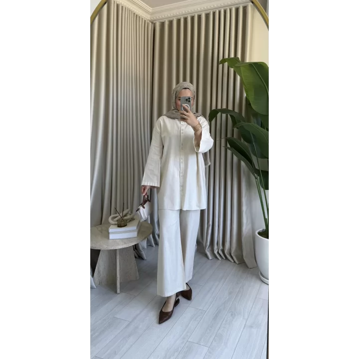 ÇİFT DÜĞME DETAYLI KETEN TAKIM TAŞ