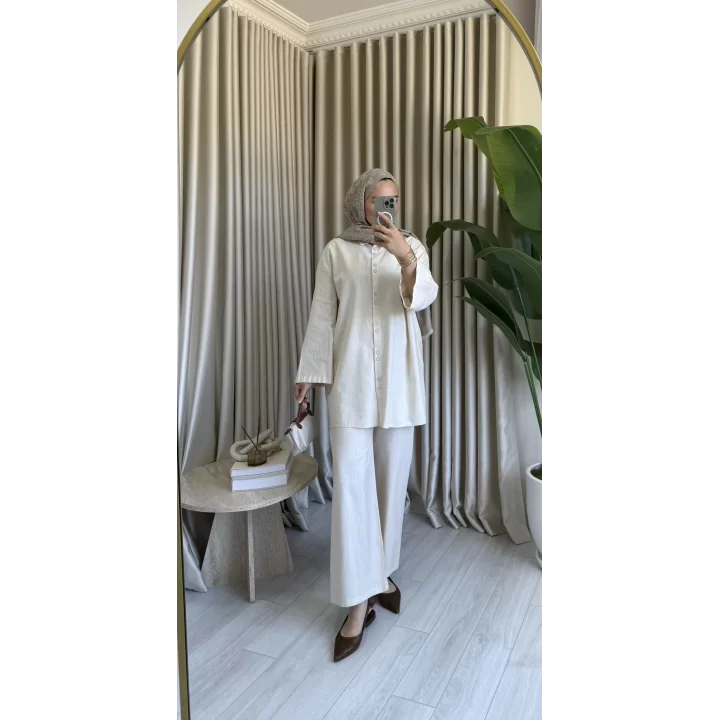 ÇİFT DÜĞME DETAYLI KETEN TAKIM TAŞ