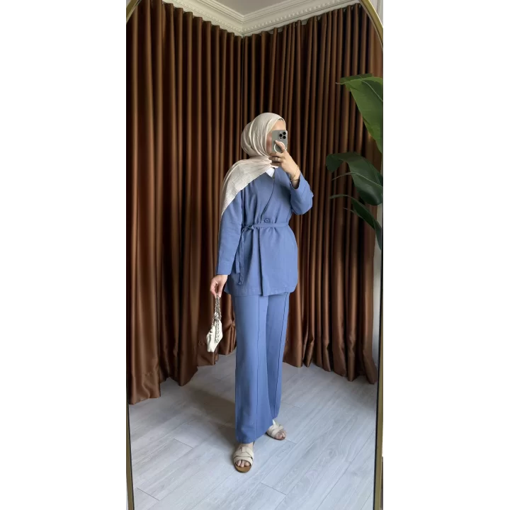 DÜĞMELİ KETEN CEKET TAKIM MAVİ