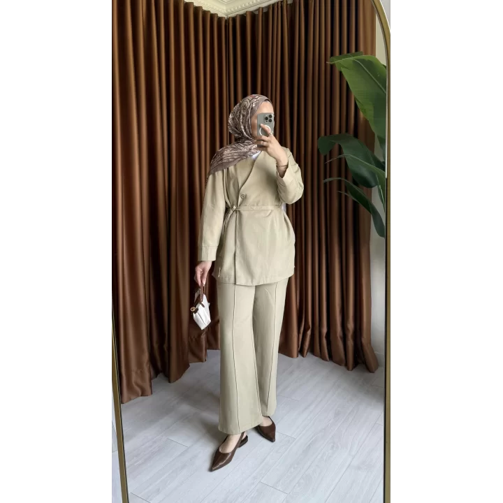 DÜĞMELİ KETEN CEKET TAKIM YEŞİL