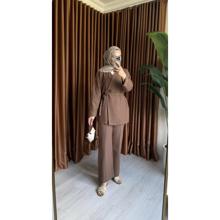DÜĞMELİ KETEN CEKET TAKIM KAHVE