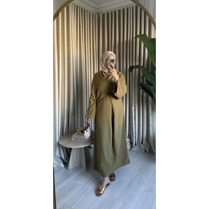 NATURAL KETEN BAĞLAMALI ELBİSE YAĞ YEŞİLİ