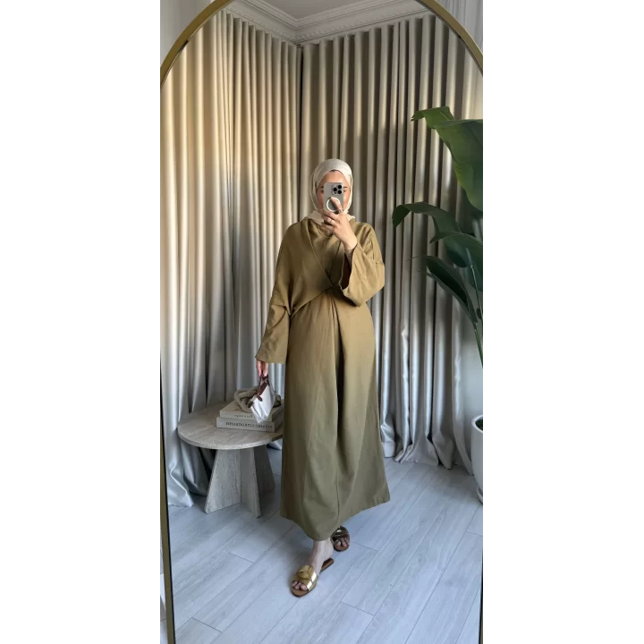NATURAL KETEN BAĞLAMALI ELBİSE YAĞ YEŞİLİ