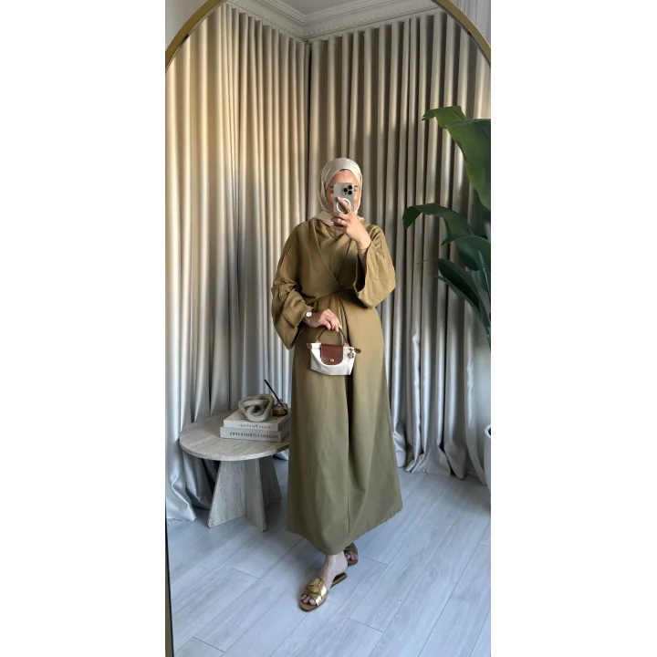 NATURAL KETEN BAĞLAMALI ELBİSE YAĞ YEŞİLİ