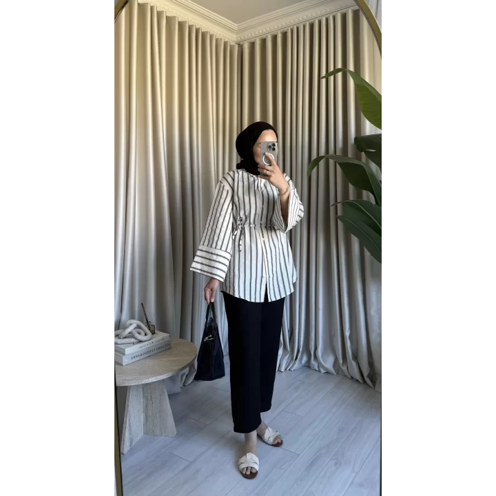 PİNTEREST KEMERLİ ÇİZGİLİ GÖMLEK BEYAZ