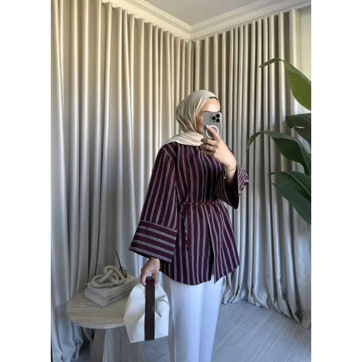 PİNTEREST KEMERLİ ÇİZGİLİ GÖMLEK BORDO