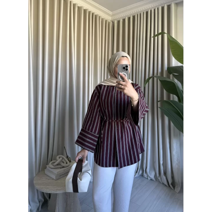 PİNTEREST KEMERLİ ÇİZGİLİ GÖMLEK BORDO