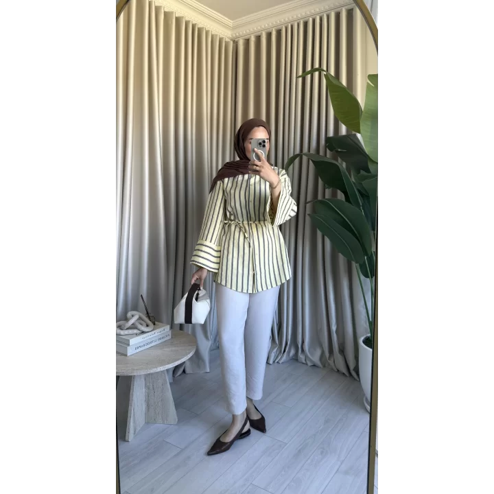 PİNTEREST KEMERLİ ÇİZGİLİ GÖMLEK SARI