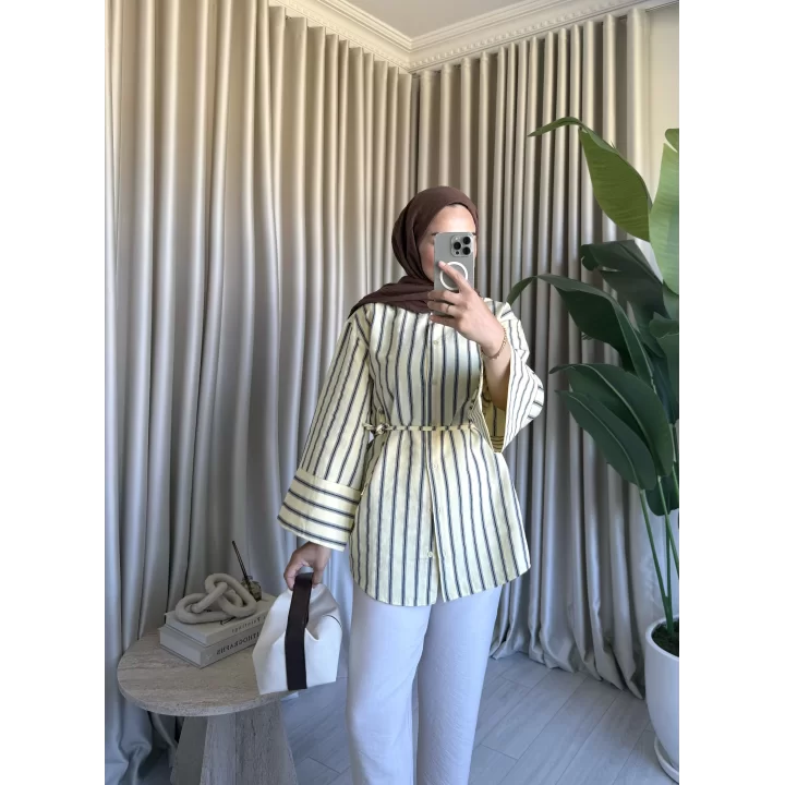 PİNTEREST KEMERLİ ÇİZGİLİ GÖMLEK SARI