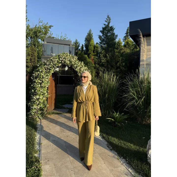 TAŞLI İNCE KETEN TAKIM OLİVE