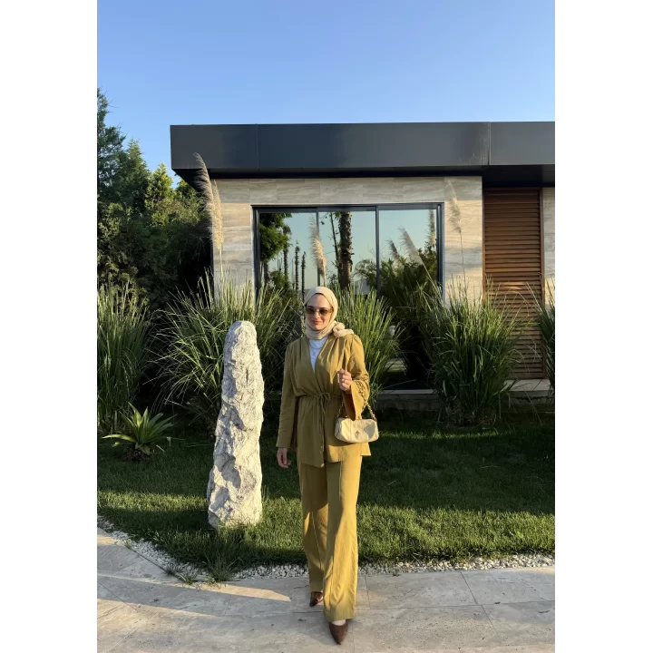 TAŞLI İNCE KETEN TAKIM OLİVE