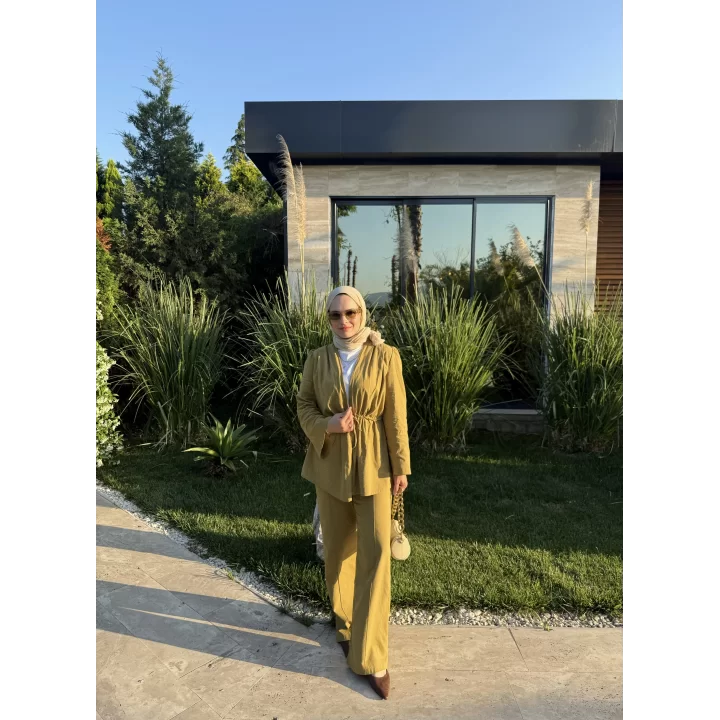 TAŞLI İNCE KETEN TAKIM OLİVE