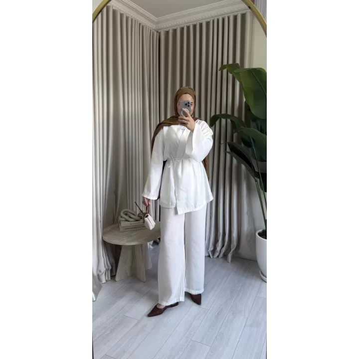 TENSEL KRUVAZE KAPAMA KİMONA TAKIM BEYAZ