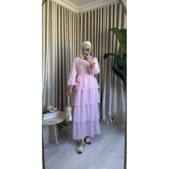 VUAL KAT KAT ELBİSE PEMBE