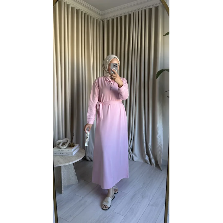 YÜKSEK YAKA ÇITÇITLI ELBİSE PEMBE