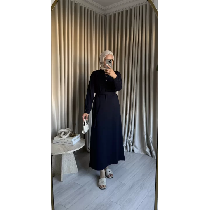 YÜKSEK YAKA DETAYLI ÇITÇITLI ELBİSE LACİVERT