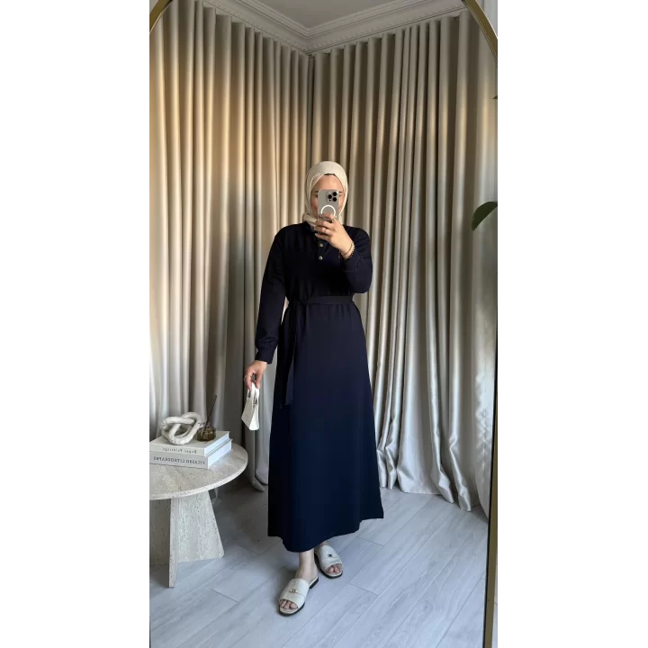 YÜKSEK YAKA DETAYLI ÇITÇITLI ELBİSE LACİVERT