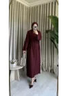 ALLER DETAYLI DOKULU SATEN ELBİSE BORDO