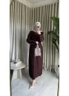 ALLER DETAYLI DOKULU SATEN ELBİSE KAHVE