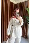 DÜĞMELİ KETEN CEKET TAKIM BEJ