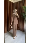 DÜĞMELİ KETEN CEKET TAKIM KAHVE