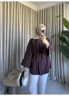 PİNTEREST KEMERLİ ÇİZGİLİ GÖMLEK BORDO